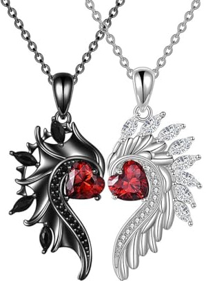 KONFEN 2 Piezas Pareja Collares a Juego, Collar de Acero Inoxidable Colgante de Alas de ángel con Circonio Cúbico Corazón, Punk Gothic Pareja Collares Set con Cadena de Aleación Ajustable Aniversario
