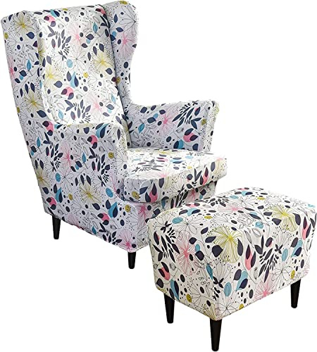 ZGantrix Ohrensessel überzug mit Hocker Bezug, 2 Teilig Sessel-Überwürfe+1 Teilig Ottomane Schonbezug, Beige/Grün/Rosa/Blau Ohrensessel Schonbezüge Sesselhusse Stretch Tiger Stuhlbezug mit Armlehne