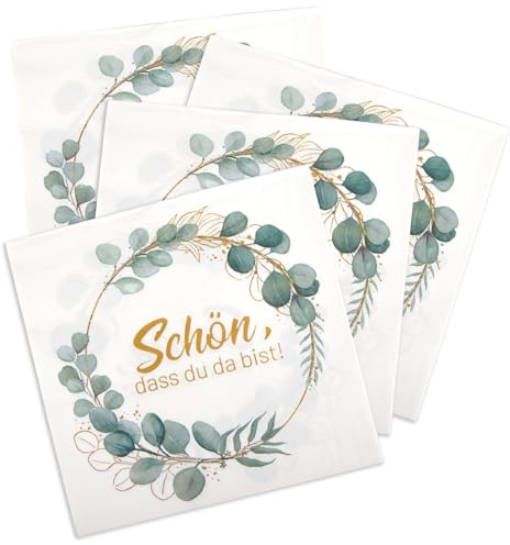 Servietten Schön Dass Du Da Bist, 32 Stück Servietten Eukalyptus mit Spruch, 3-Lagige Servietten für Hochzeit Jubiläum Geburtstag Taufe Kommunion Tischdeko 33×33cm