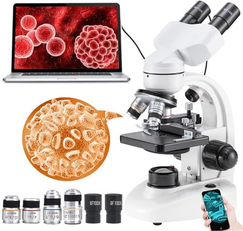 DEaThsalL Kit De Microscope Binoculaire Professionnel HD 30000X/50000X/70000X, avec Oculaires éLectroniques, Objectif Achromatique 185, Connexion Ordinateur, Source De LumièRe LED RéGlable,30000X