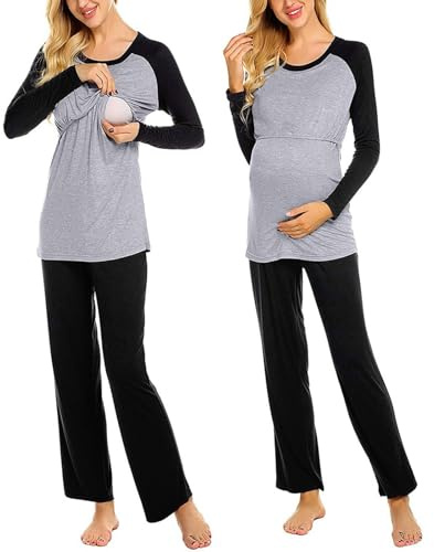 Still Pyjama Damen Schlafanzug Lang Schwangerschaft Langarm Thermo Umstandsschlafanzug Set Baumwolle Winter Umstandspyjama Stillpyjama Umstandsmode Schlafanzüge Stillfunktion Nachtwäsche für (M)