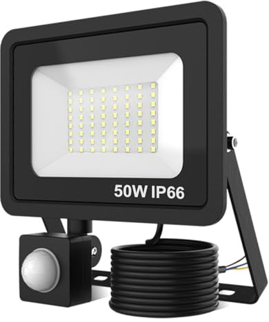 Onalix Projecteur LED Extérieur 50W avec Détecteur de Mouvement, 5000LM, 6000K Blanc Froid Spot, IP66 Étanche Spot Extérieur LED, Économie d'Énergie, pour Jardin, Garage, Patio, Cour, Entrée (Noir)