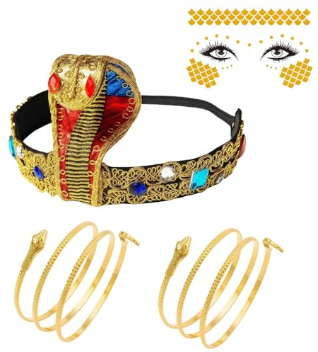 4 Stück Ägyptisches Kostüm Zubehör Set, Kobra Kopfschmuck, Schlangenarmbänder, Gesichtstattoo,Cleopatra kostüm, Kleopatra kostüm,Pharao Accessoires für Damen Halloween Karneval Party