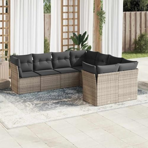 Ensemble de 8 meubles de jardin en polyrotin gris, canapés d'angle et central, avec espace de rangement, taies d'oreiller imperméables, résistantes aux UV, groupe de sièges d'extérieur modulaire pour