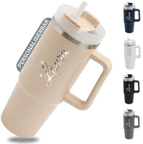 SMARTEON Thermobecher personalisiert mit Namen – Edelstahl Trinkbecher mit Gravur 900ml – Thermosflasche personalisiert – Personalisierter Kaffeebecher mit Strohhalm und Deckel (Beige)