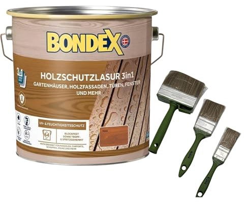 zbs24 Bondex Holzlasur 3in1 für außen, tropfgehemmt, inkl. 3-teiliges Pinselset, hohe Witterungsbeständigkeit - Filmschutz, Grundierung Endbeschichtung in Einem (teak, 4 Liters)