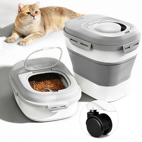 Coxyzoxy Collapsible Cat Food Stroage, 20L Dog Food Bin with Lid & Wheels, Large Airtight Pet Foods Container with Visible & Measuring Scoop for Pets Dry Food Seed Grain Storage