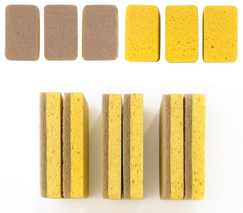 HNTR® Eco Sponges Washing Up | 12 Pack | Eco Washing Up Sponge Scourers | Natural Cellulose Sponge & Sisal Scrubber | Compostable Non-Scratch Natural Sponges for Dishes & Kitchen | Twin Pack 2 x 6
