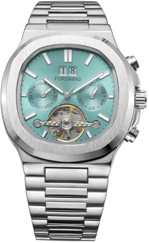 DAXIAOYU mode företag män automatisk mekanisk klocka Tourbillon multifunktionell komplett kalender lysande klockor i rostfritt stål, Silver ljusblå, Lyx