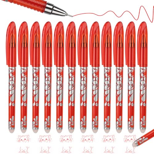 MOTIBACK 12 Stück Radierbarer Gelschreiber Set 0.5mm, Thermotinte Tintenroller mit Radiergummi, Nachfüllbarer Kugelschreiber für Bürobedarf Schulsachen (Rot)