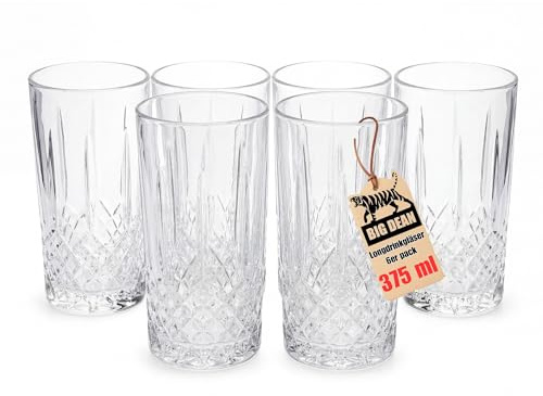 BigDean Wassergläser Gläser Trinkgläser Set 6 Stück a 375ml | Cocktail, Gin, Wasser, Longdrinkgläser, Cocktailgläser, Spülmaschinenfest, Transparent Mit Kristall Effekt