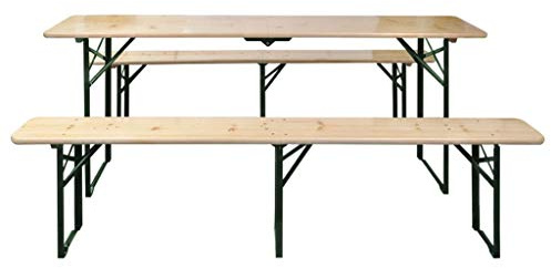 pokgdf Klappbarer Biertisch mit Bänken aus Tannenholz Klappbarer Gartentisch mit Sitzbänken aus Holz Klappbares Gartenset Biertisch und Zwei Bänke faltbar 220 cm aus Holz und Metall