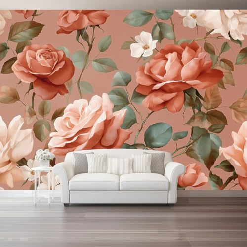 Marrone Rosato Carta da Parati Non Tessuta 150 x 105 cm（WxH) - Murales da Parete in Acquerello Fiori Rose Foglie - Decorazione Moderna per Soggiorno Camera da Letto e Studio Facile da Applicare