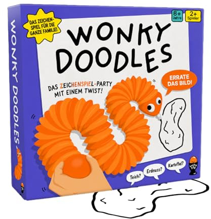 Lucky Egg Wonky Doodles – Brettspiele für Familienabende – Lustige Zeichenspiele mit krummem Stift, 150 Wortkarten und Whiteboard – Die besten Partyspiele für Erwachsene und Kinder ab 8 Jahren
