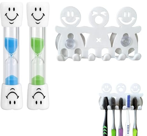 ZWWOGE 3 Piezas Set Dental Infantil, 2 Relojes Arena Sonrisa 3 Minutos y 1 Porta Cepillo, Incasable, Impermeable