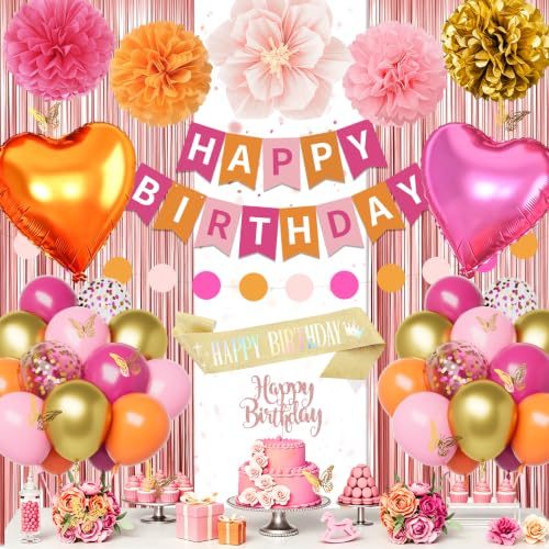Decoraciones de fiesta rosa y naranja, decoraciones de cumpleaños para mujeres y niñas, globos de látex rosa intenso dorado naranja con pancarta de feliz cumpleaños, cortina de flecos de aluminio