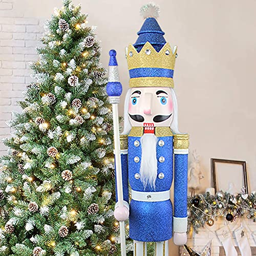 CDL 120cm Altura tamaño Grande Gigante Azul Purpurina Navidad Adorno de Cascanueces Rey de Madera en Soporte cetro de Oro para Interior Exterior Navidad/Event/Boda Fiesta decoración K33