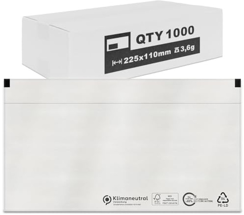 verpacking Lieferscheintaschen 22,5 x 11 cm DIN Lang Transparent selbstklebende Dokumententaschen Begleitpapiertaschen Versanddokumententasche Rechnungstasche Lieferscheinumschlag (1000 Stück)