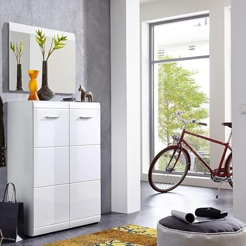 Lomadox Garderoben Set ● 2-teilige Flurgarderobe Flurmöbel in Hochglanz weiß ● Schuhschrank & Spiegel ● Made in Germany