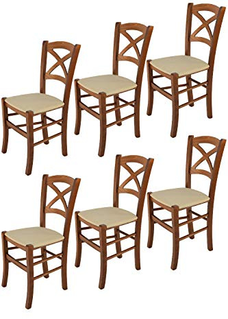 t m c s Tommychairs - 6er Set Stühle Cross für Küche und Esszimmer, Struktur aus lackiertem Buchenholz im Farbton Helles Nussbraun und gepolsterte Sitzfläche mit Stoff in der Farbe Hanf bezogen