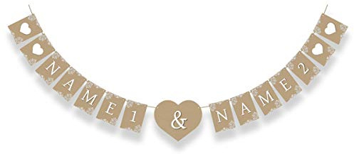 Personalisierte Hochzeit Wimpelkette Girlande Banner Deko Hochzeitsdekoration - Rustikal Kraftpapier Look - 300g/qm Kartonpapier inkl. 5 Meter Hanfschnur