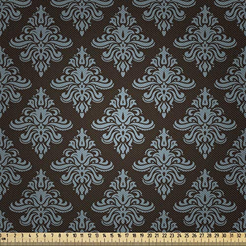 ABAKUHAUS Damast Stoff als Meterware, Klassische Blumenverzierung, Seidiger Satin Stoff für Polster Heimtextilien, 1M (148x100cm), Dunkelbraun und Blau grau
