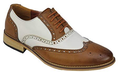 Mens Classic Leather Lined 2 Tone Brogue Shoes Smart Formal Office Work Lace Up Oxford[A2311H,8 UK,White, Tan ]
