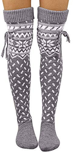 Susenstone Noel Chaussettes Femme Bambou Hautes Mi Cuisses Hiver Chaudes En Laine Tricot Antiderapantes Interieur Chaussette Flocon De Neige Noel Socquette