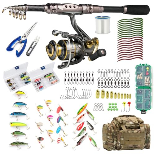Dr.Fish Angelrute und Rollenkombos, 125-teilige Teleskop-Spinnstock, Rollen, Ausrüstung Set mit Tasche für Erwachsene, faltbar, komplettes Angelset für Männer, Starter Süßwasser, Salzwasser