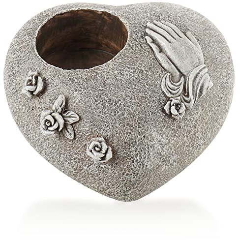 com-four® Grab Dekoration mit Kerzenhalter, Rosen und betenden Händen - Gedenkstein mit Halter für Grablicht - wetterfester Grabschmuck - Trauerstein in Herzform