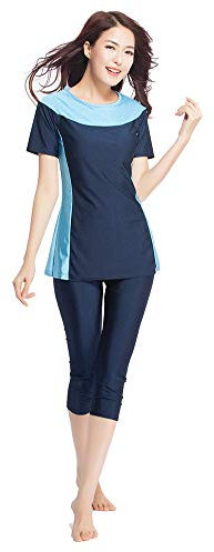 TianMaiGeLun Muslimische Bademode Badeanzug Full Cover Bescheidene Badebekleidung Modest Muslim Swimwear Beachwear Burkini Kurzarm Tops und Hose 2-Teilige Modest Bademode Sets (Blau, XS)