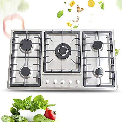 Fornello a gas da incasso, fornello a gas in acciaio inox, 5 bruciatori wok, fornello a gas per gas naturale e gas propano, facile da pulire