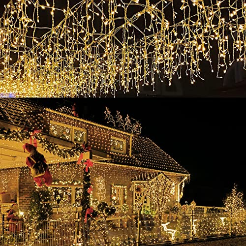 Cecaylie LED Eisregen außen 400 LED 10m weihnachtsbeleuchtung außen mit 8 Beleuchtungsmodi IP44 Lichterkette Strombetrieben für Innenausstattung Außenbereich Schlafzimmer Weihnachten Party(Warmweiß)
