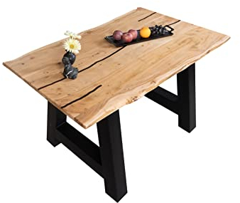 SAM Baumkantentisch 160 x 85 cm Polly, Epoxidharz-Adern in Schwarz, Akazienholz massiv + naturfarben, Esstisch mit A-Eisengestell Schwarz, Tischplatte 26 mm, Esszimmertisch mit echter Baumkante