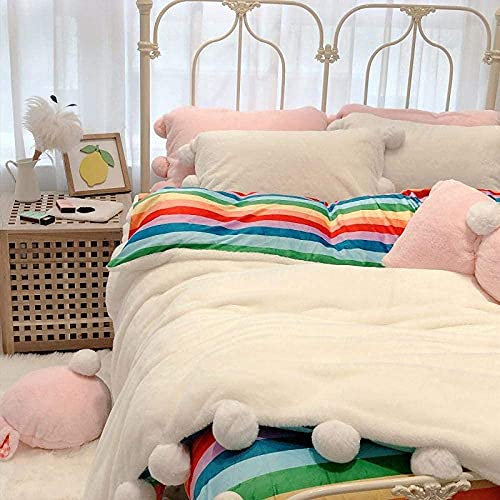 Parure de lit 4 pièces, nouveau rose gris blanc sept arc-en-ciel hiver chaud flanelle velours polaire princesse fille ensemble de literie housse de couette drap de lit taies d'oreiller-1 drap de
