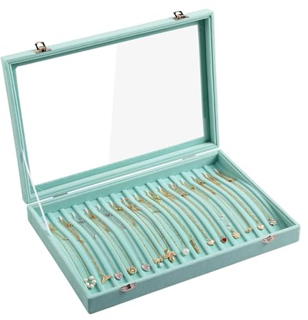 Frebeauty 15 Haken Halskette Tablett Samt Hals Organizer mit klarem Deckel abschließbare Halter Box Schmuck Organizer für Anhänger Ketten Jeweley Tablett für Frauen Mädch (Türkis)