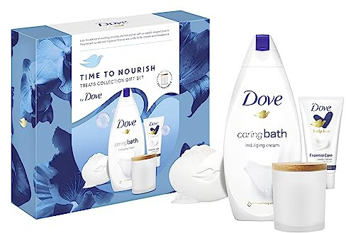 Dove Time to Nourish Treats Collection Bath soak, Hand Cream and Beauty Bar Gift Set with a soy wax candle skin care products for her 3 piece