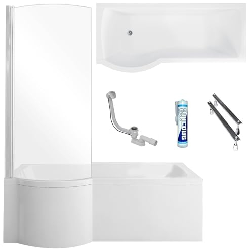 ECOLAM Duschbadewanne Inspiro 170x70 cm + Schürze LINKS I Set Badewanne + Badewannenabtrennung I Duschwand Eckbadewanne Ablaufgarnitur Füße Silikon Acryl weiß