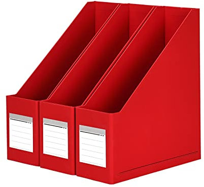 HUAPRINT Zeitschriftenhalter, Papp-Zeitschriftensammler, 3 Stück, mit Etiketten, Rot