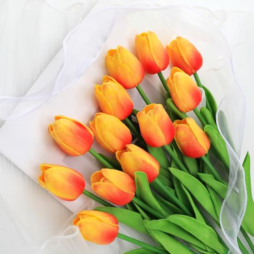 Kisflower Künstliche Tulpen aus Latex, 12 Stück, künstliche Blumen mit realistischer Haptik, für Zuhause, Büro, Hochzeitsdekoration (rot und gelb)