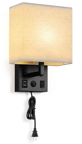 KlkrzJwy Applique Murale, Applique Murale à Brancher avec Port de Chargement USB et Prise Secteur, Applique Murale Moderne en Nickel brossé Noir avec Cordon enfichable, éclairage Mural pour Le Salon