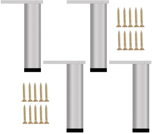 KMERCE Möbelfüße, silberfarben, Metall, moderner Sofafuß, Ersatzfüße für Couchtisch, TV-Schrank, Badezimmerschrank, Bett mit Schrauben + rutschfeste Basis + Höhe verstellbar von 25 – 25,8 cm, 4 Stück