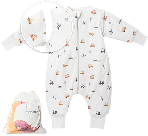 Mababu Ganzjahres Baby Schlafsack mit Füßen & abnehmbaren Ärmeln - 1.5 TOG - 100% GOTS Bio-Baumwolle - Ganzjähriger Kinderschlafsack mit Füßen- umklappbare Bündchen (Car Dream, 90cm)