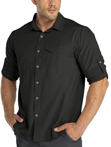 33,000ft Camicia da Uomo con Protezione UV UPF50+ a Maniche Lunghe, Camicia Traspirante con Collo a Bottoni, Camicia Sportiva da Tempo Libero, Camicia da Pesca per Uomini, Nero , XXL