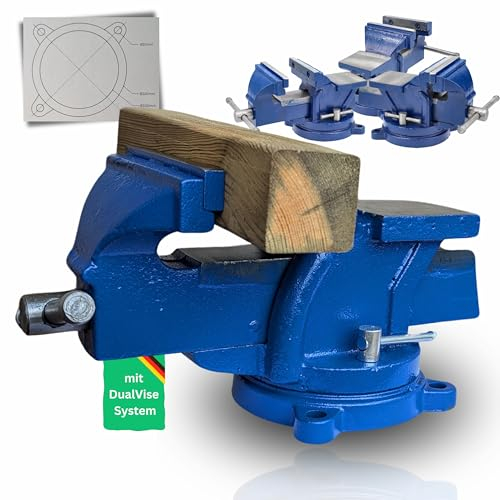 PinPro Premium Schraubstock 125mm Backenbreite und 125mm Spannweite | 2in1 drehbar mit Amboss und Parallelschraubstock für die Werkbank | Heimwerker Tischschraubstock aus Gusseisen in Blau