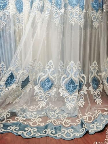 Gardinenschals 2er Set mit Schlaufen, Vorhänge Halbtransparent 200x270CM Jacquard mit Blau Blumen Filigran Motiv Gardinen Polyester Weiß Lichtdurchlässig Schiebevorhänge Wohnzimmer Schlafzimmer