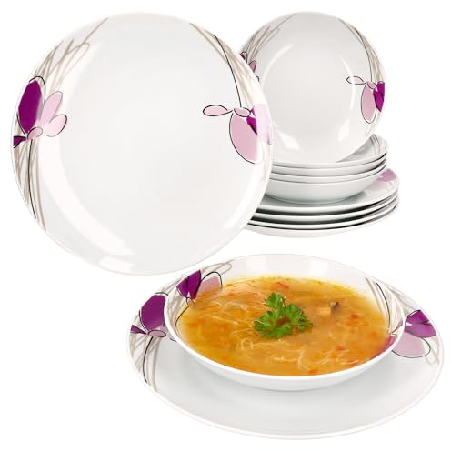 MamboCat Viola Servizio da tavola 12 pezzi, stoviglie in porcellana con decorazione floreale per 6 persone, 6 piatti fondi e 6 piatti piani per colazione, pranzo e pane cena