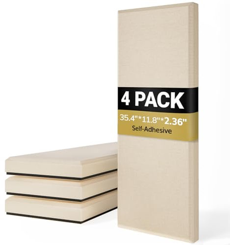 TONOR 4 Pack Acoustic Panels Large Self-adhesive, 35.4″ * 11.8″ * 2.36″ Fiberglass Sound Proofing Panels, Acoustic Wall Panels for Echo Absorbtion, Sound Absorbing Panels for Home Theater, Beige