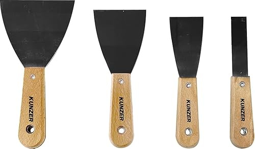 Kunzer 7HGS04 Holzgriffspachtel 4-teilig - Malerspachtel Set - multifunktionales Malmesser aus Metall mit Holzgriff