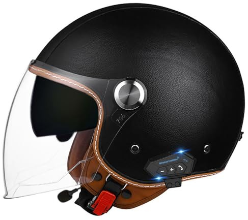 Casco da moto aperto 3/4 Bluetooth, casco jet retrò mezzo casco con doppia visiera, certificazione DOT/ECE, caschi per ciclomotori e moto per adulti, uomini e donne D1,M(54-57CM)